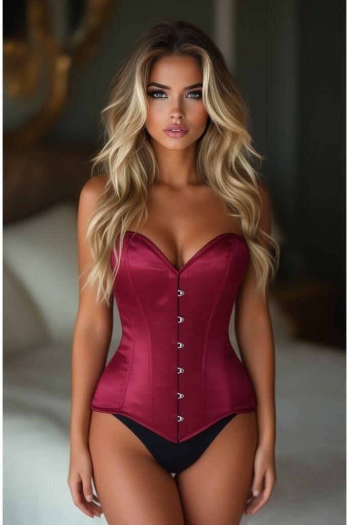 Lavish Dark Red Wine Satin Overbust Corset Sweetheart Neckline Busk Closure