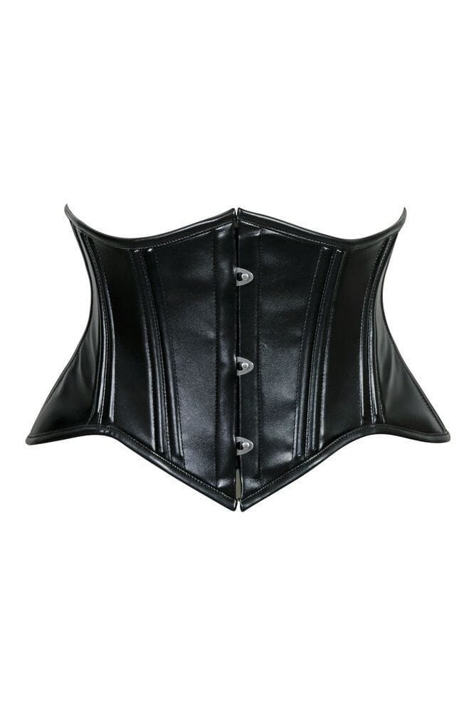 Lavish Double Boned Black Wet Look Faux Leather Curvy Cut Mini Cincher Underbust Corset