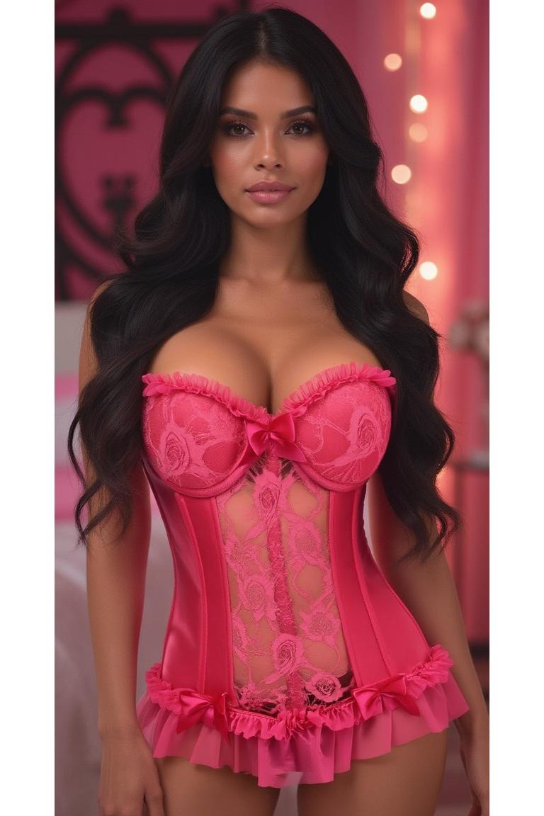 Lavish Fuchsia Lycra & Lace Hook & Eye Stretch Bustier Corset