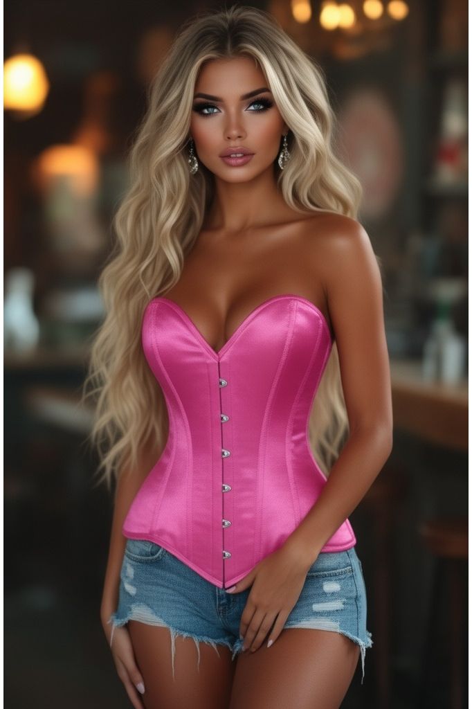 Lavish Hot Pink Satin Overbust Corset Sweetheart Neckline Busk Closure