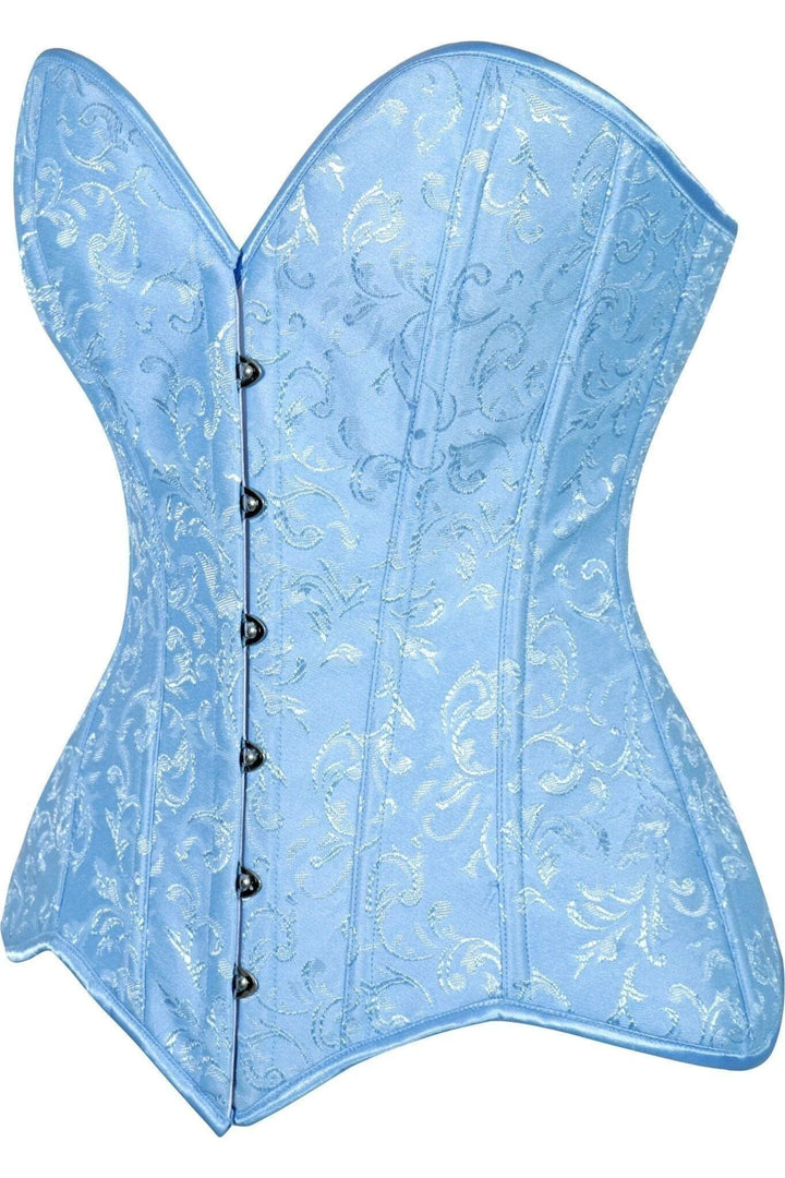 SS-Lavish Lt Blue Brocade Overbust Corset W/Busk Closure