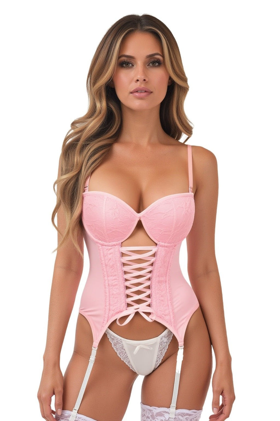 Lavish Lt Pink Lycra & Lace Hook & Eye Lace-Up Bustier Corset w/Garters