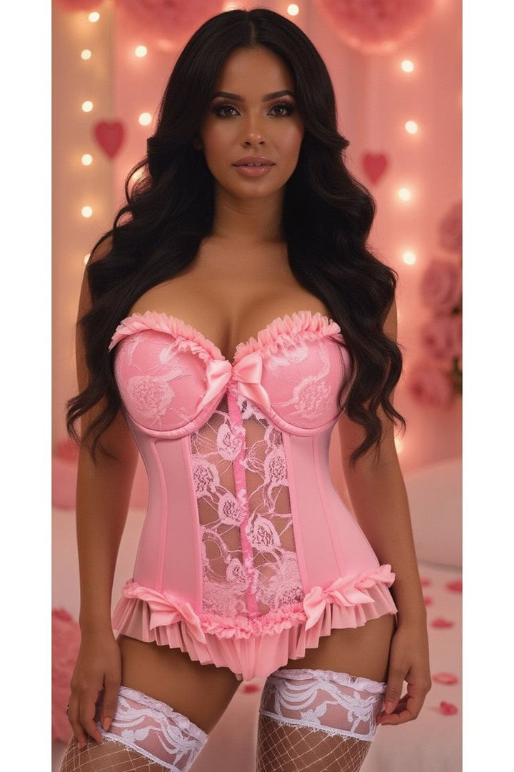 Lavish Lt Pink Lycra & Lace Hook & Eye Stretch Bustier Corset