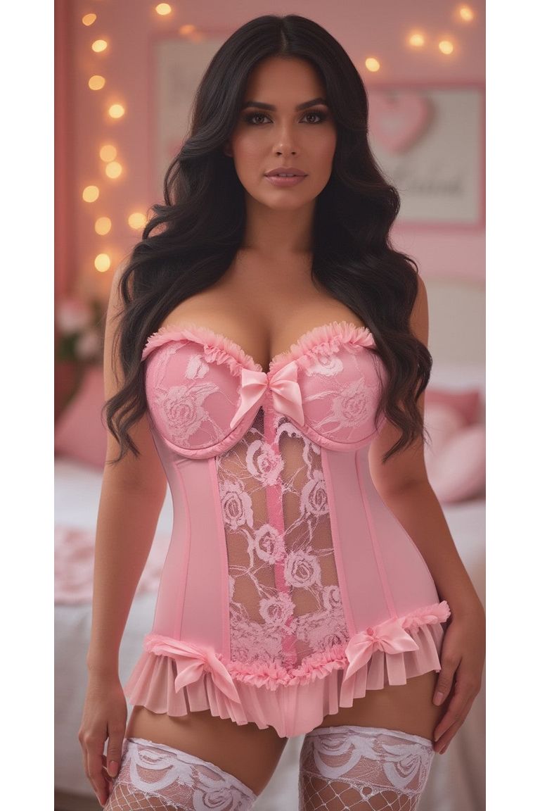 Daisy Corsets Lavish Lt Pink Lycra & Lace Hook & Eye Stretch Bustier Corset in Pink 