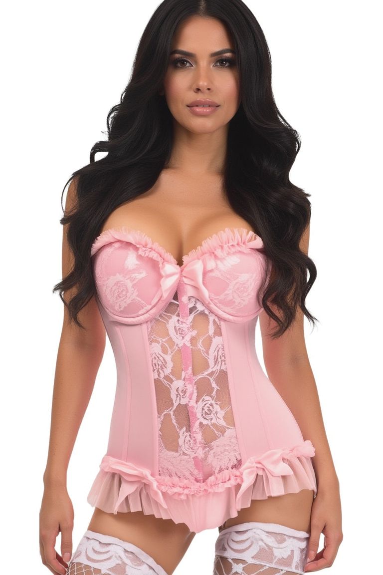 Daisy Corsets Lavish Lt Pink Lycra & Lace Hook & Eye Stretch Bustier Corset in Pink 