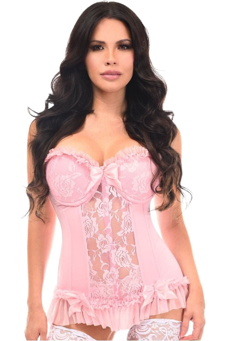 Daisy Corsets Lavish Lt Pink Lycra & Lace Hook & Eye Stretch Bustier Corset in Pink 