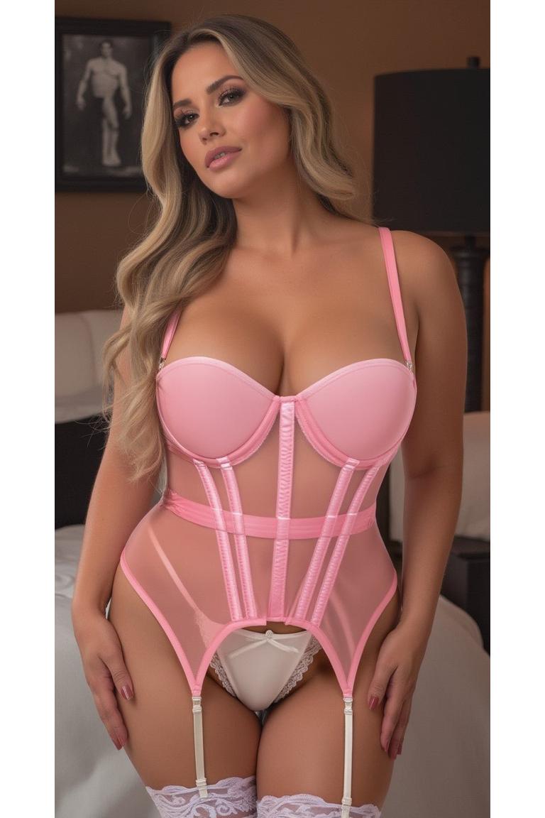 Lavish Lt Pink Mesh Underwire Bustier Corset w/Garters