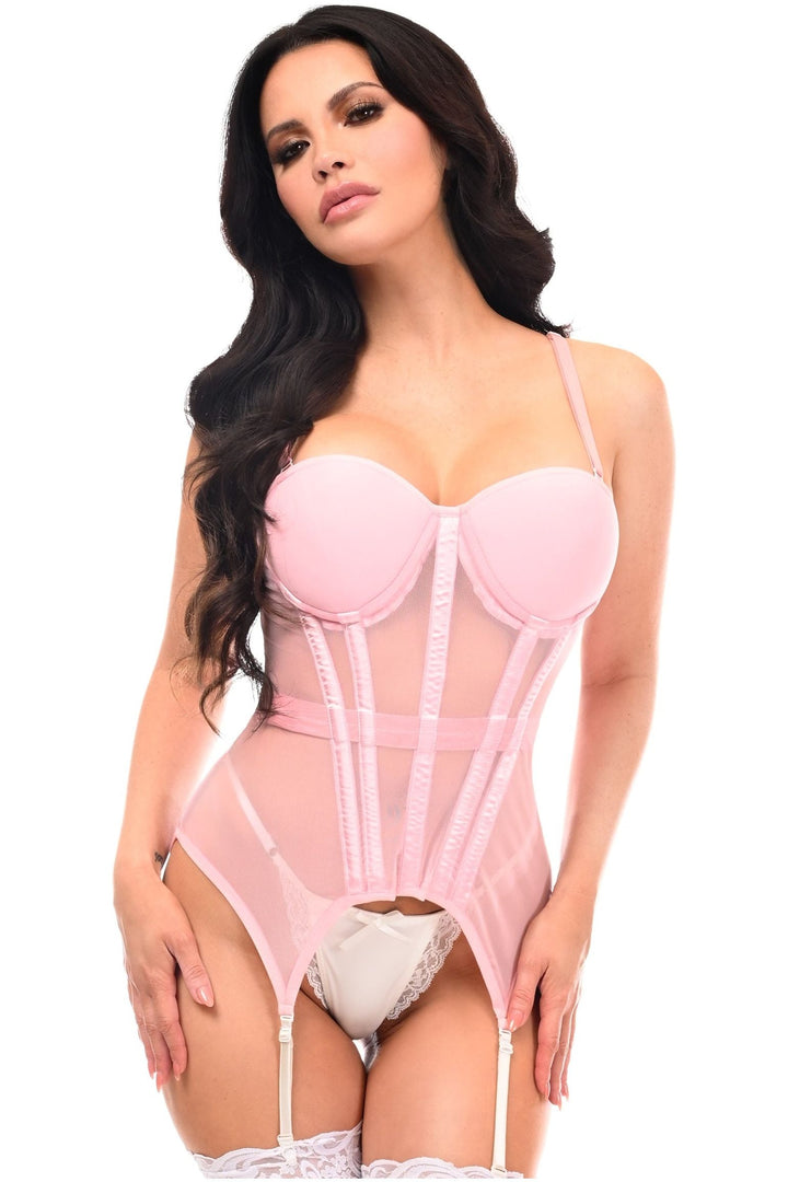 Lavish Lt Pink Mesh Underwire Bustier Corset w/Garters