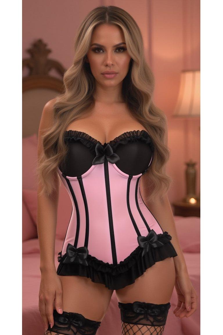 Daisy Corsets Lavish Lt Pink w/Black Lycra Hook & Eye Stretch Bustier Corset in Pink  from SexyShoes.com