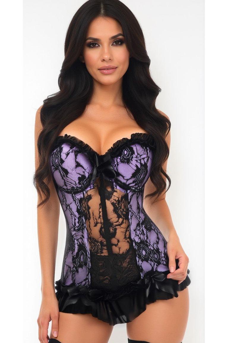 Daisy Corsets Lavish Lt Purple w/Black Lace & Lycra Hook & Eye Stretch Bustier Corset in Purple 