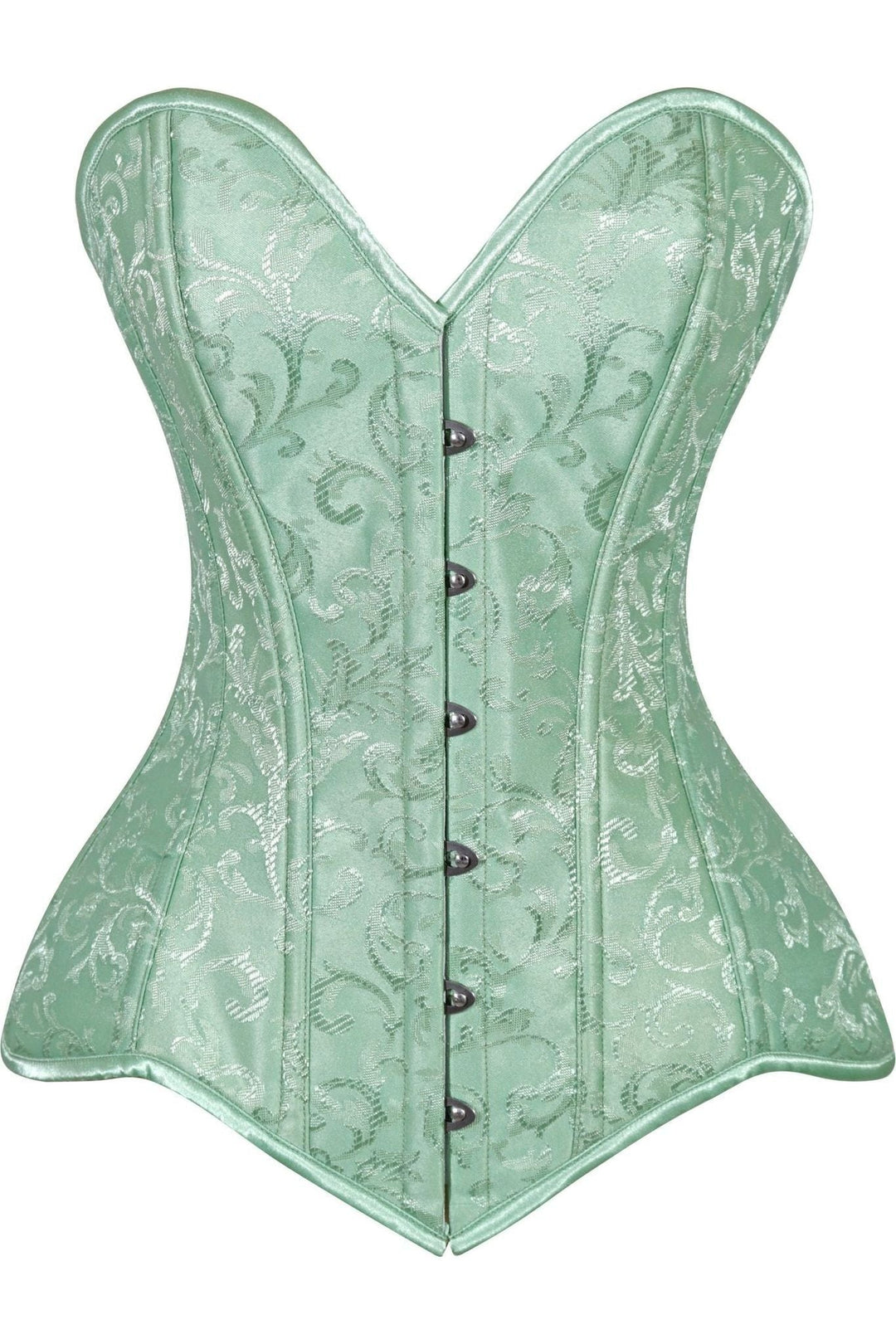 Lavish Mint Green Brocade Overbust Corset W/Busk Closure