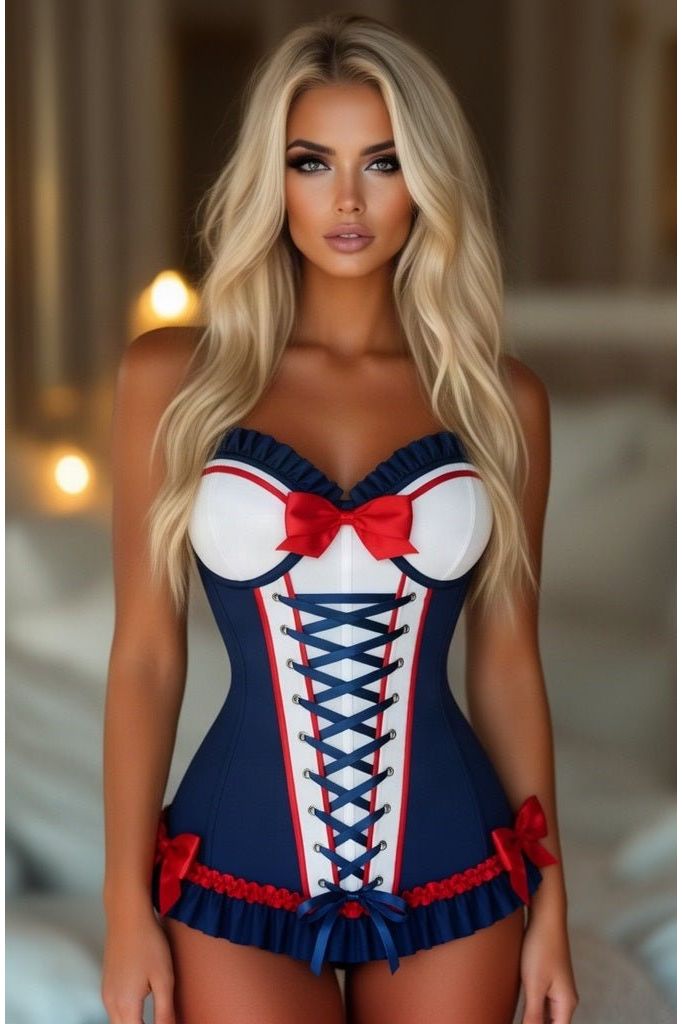 Lavish Navy/Red/White Stretch Lycra Bustier Corset with Underwire Cups