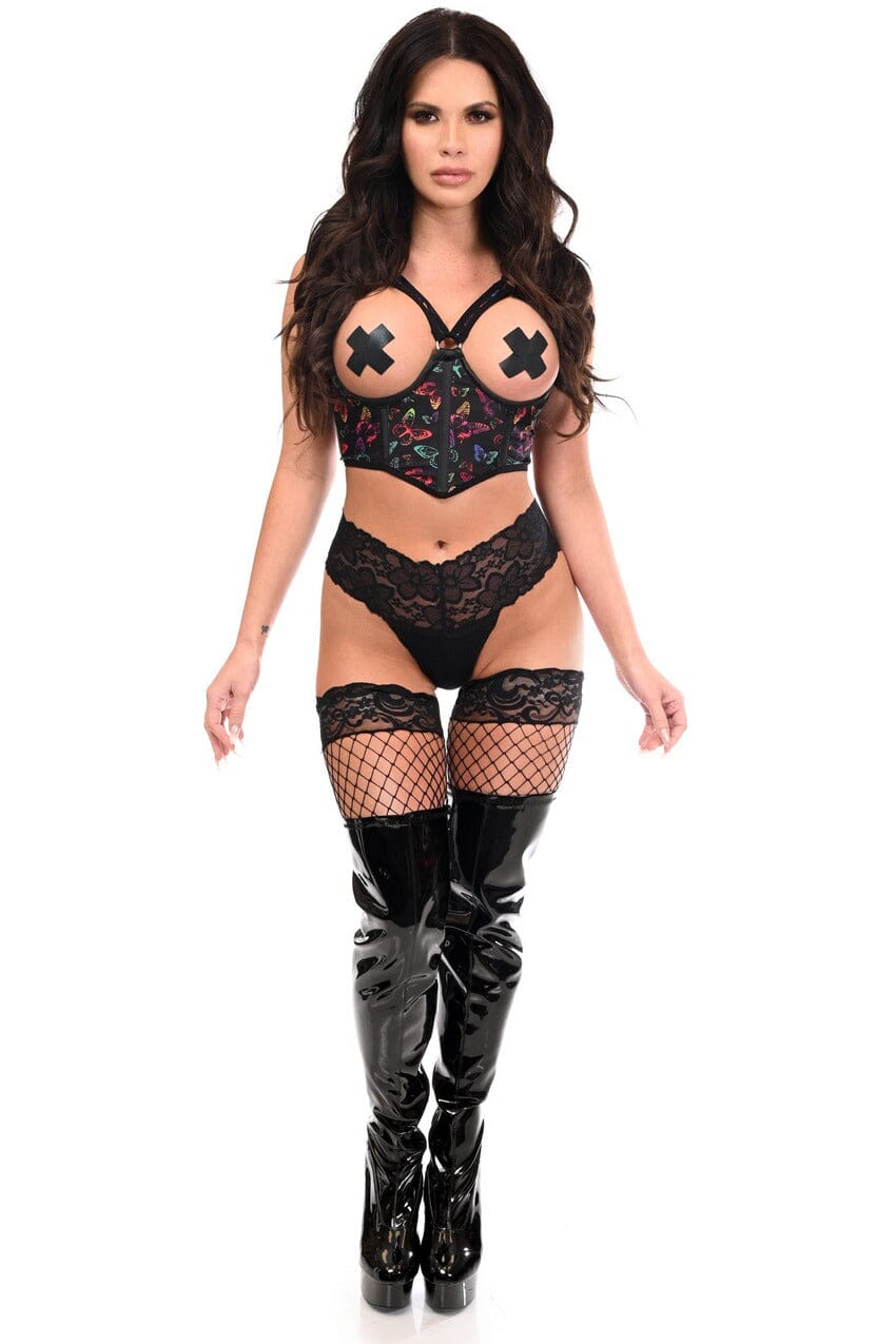 Daisy Corsets Lavish Neon Butterfly Underwire Open Cup Lycra Cincher w/Criss Cross Back in Black 