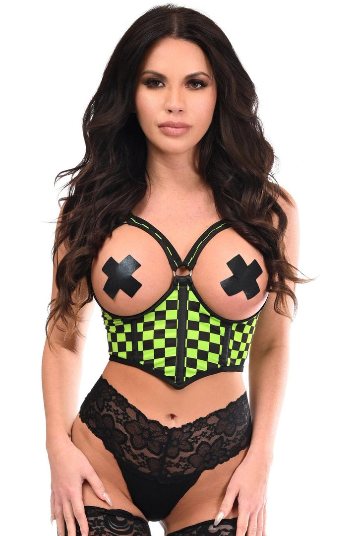 Lavish Neon Green Checker Underwire Open Cup Lycra Cincher w/Criss Cross Back