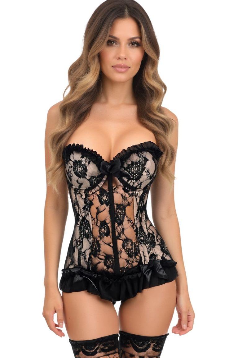 Daisy Corsets Lavish Nude w/Black Lace & Lycra Hook & Eye Stretch Bustier Corset in Ivory 