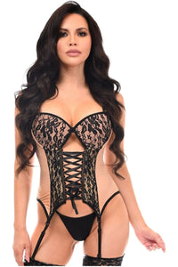 Daisy Corsets Lavish Nude/Black Lycra & Lace Hook & Eye Lace Up Bustier Corset w/Garters in Ivory 