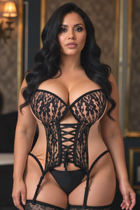 Daisy Corsets Lavish Nude/Black Lycra & Lace Hook & Eye Lace Up Bustier Corset w/Garters in Ivory 