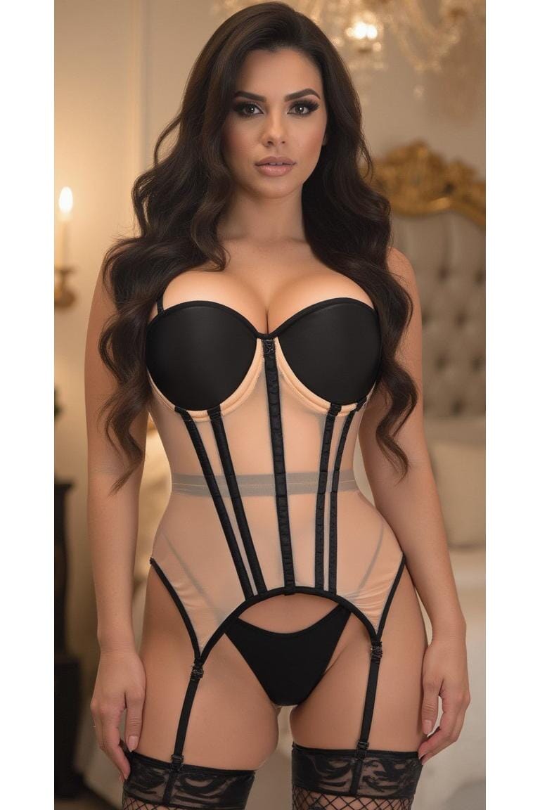 Daisy Corsets Lavish Nude/Black Mesh Underwire Bustier Corset w/Garters in Ivory 