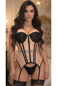 Daisy Corsets Lavish Nude/Black Mesh Underwire Bustier Corset w/Garters in Ivory 