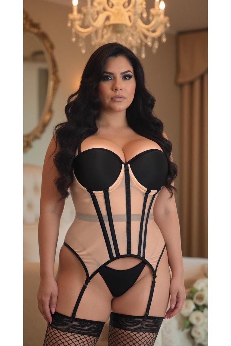 Daisy Corsets Lavish Nude/Black Mesh Underwire Bustier Corset w/Garters in Ivory 