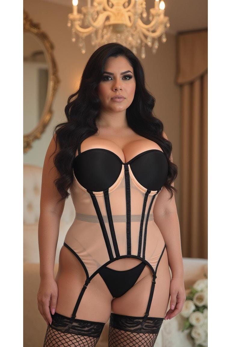 Daisy Corsets Lavish Nude/Black Mesh Underwire Bustier Corset w/Garters in Ivory 