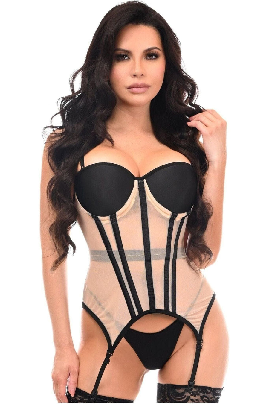 Daisy Corsets Lavish Nude/Black Mesh Underwire Bustier Corset w/Garters in Ivory 