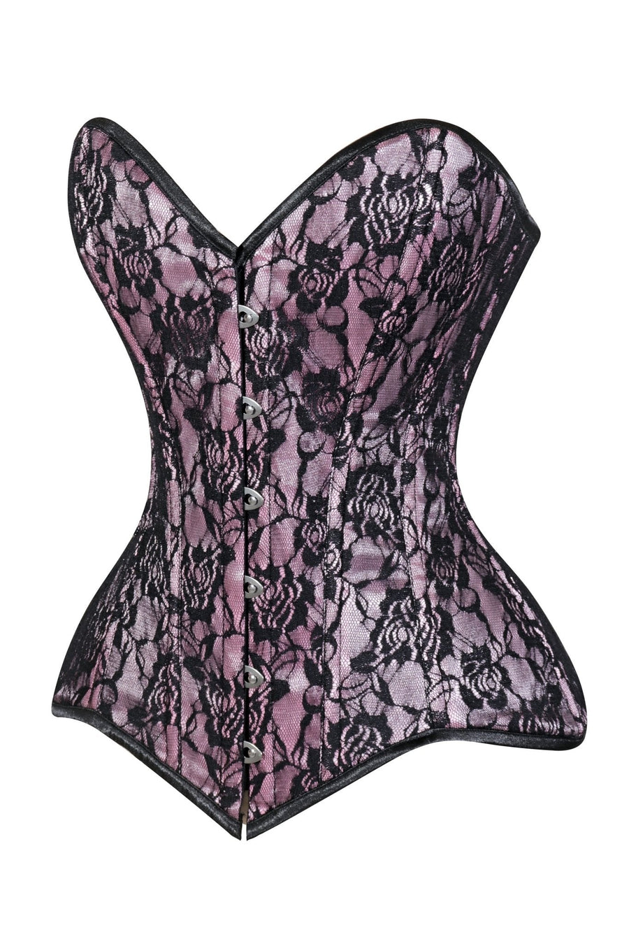 Lavish Pink/Black Lace Overbust Corset Sweetheart Neckline Busk Closure