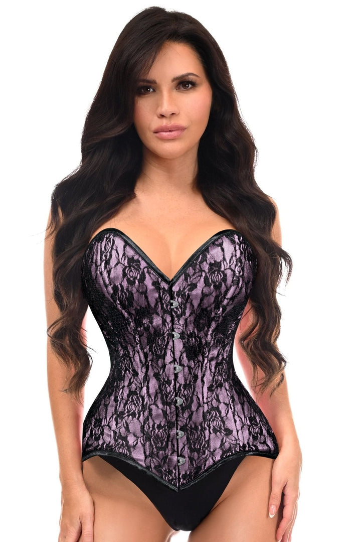 Lavish Pink/Black Lace Overbust Corset Sweetheart Neckline Busk Closure