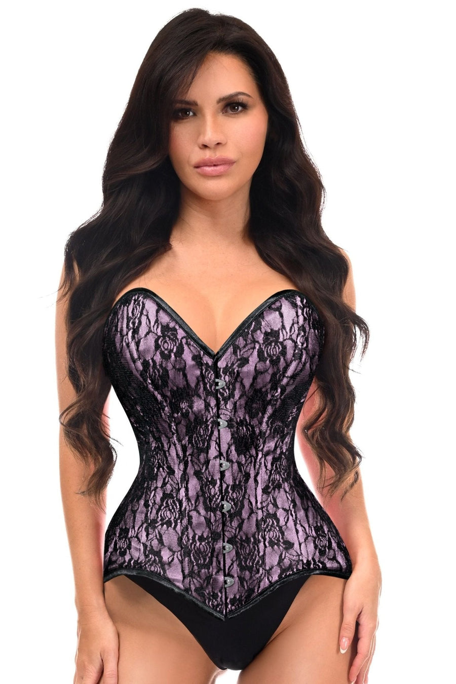 Lavish Pink/Black Lace Overbust Corset Sweetheart Neckline Busk Closure