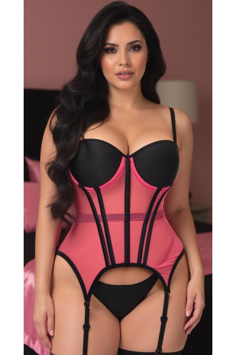 Daisy Corsets Lavish Pink/Black Mesh Underwire Bustier Corset w/Garters in Pink 