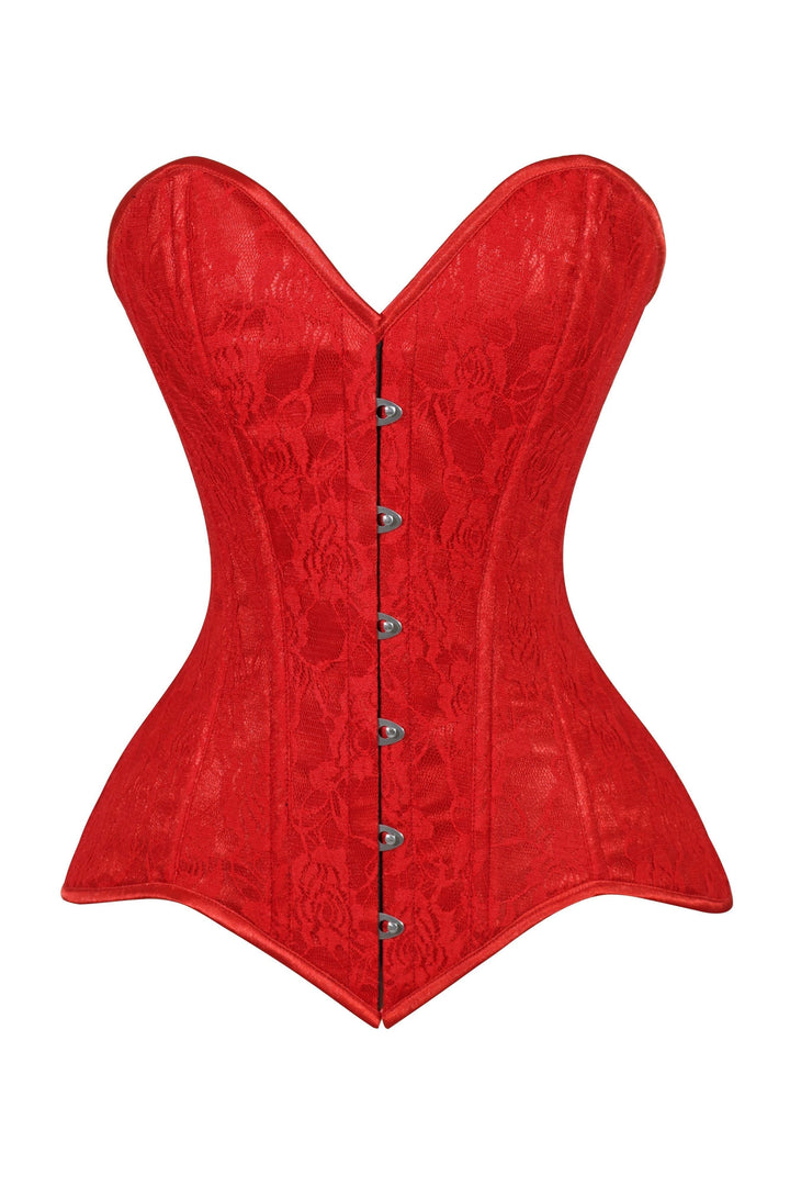 Lavish Red Lace Overbust Corset Sweetheart Neckline Busk Closure