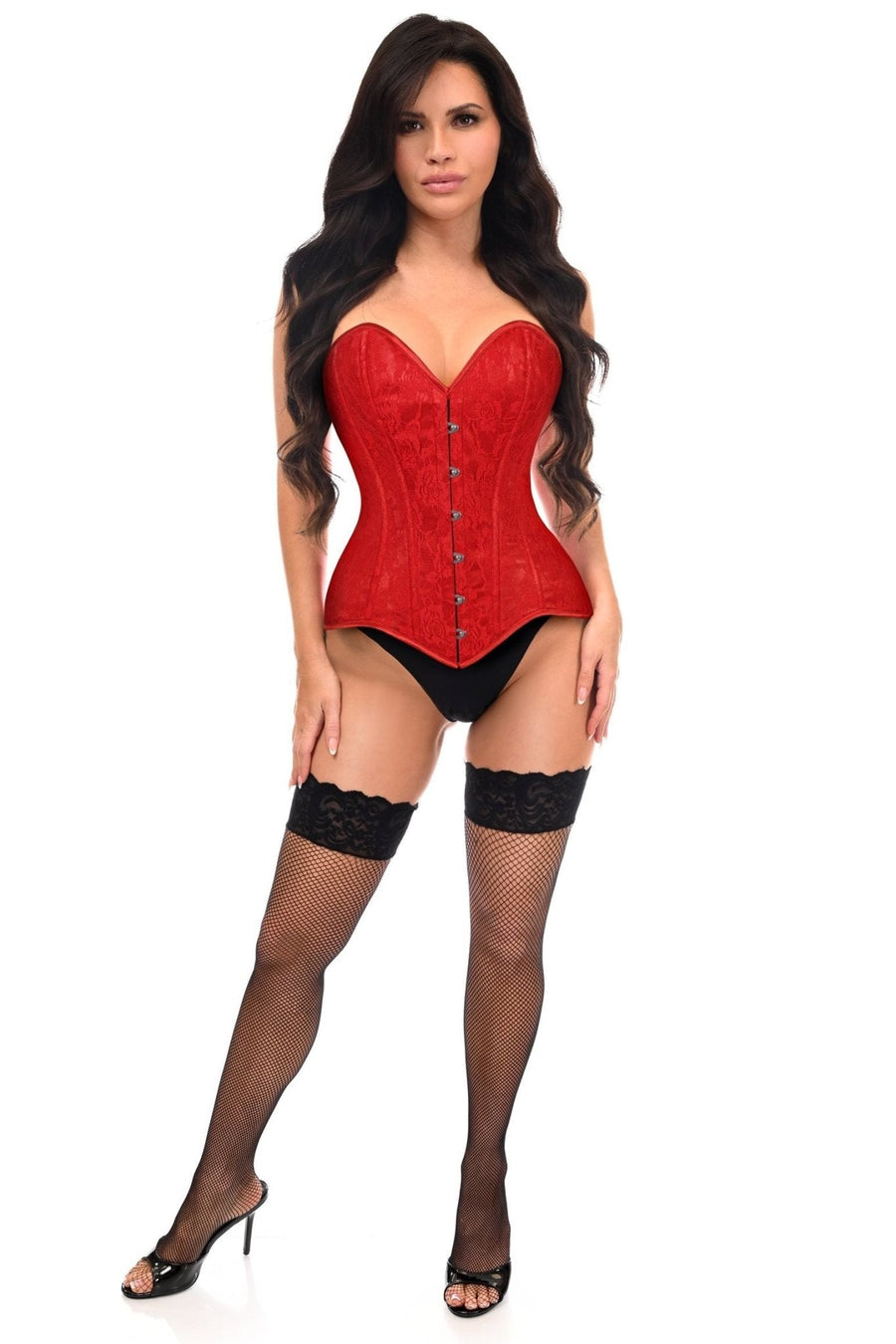 Lavish Red Lace Overbust Corset Sweetheart Neckline Busk Closure