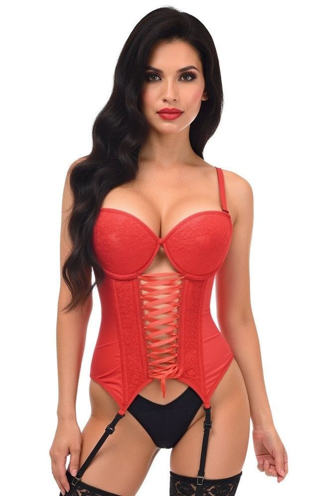 Lavish Red Lycra & Lace Hook & Eye Lace-Up Bustier Corset w/Garters