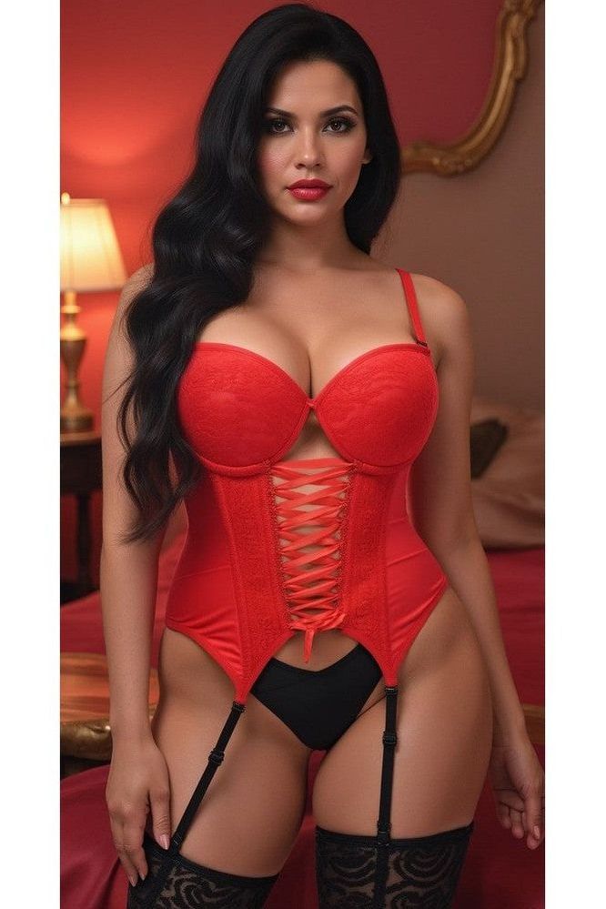 Lavish Red Lycra & Lace Hook & Eye Lace-Up Bustier Corset w/Garters
