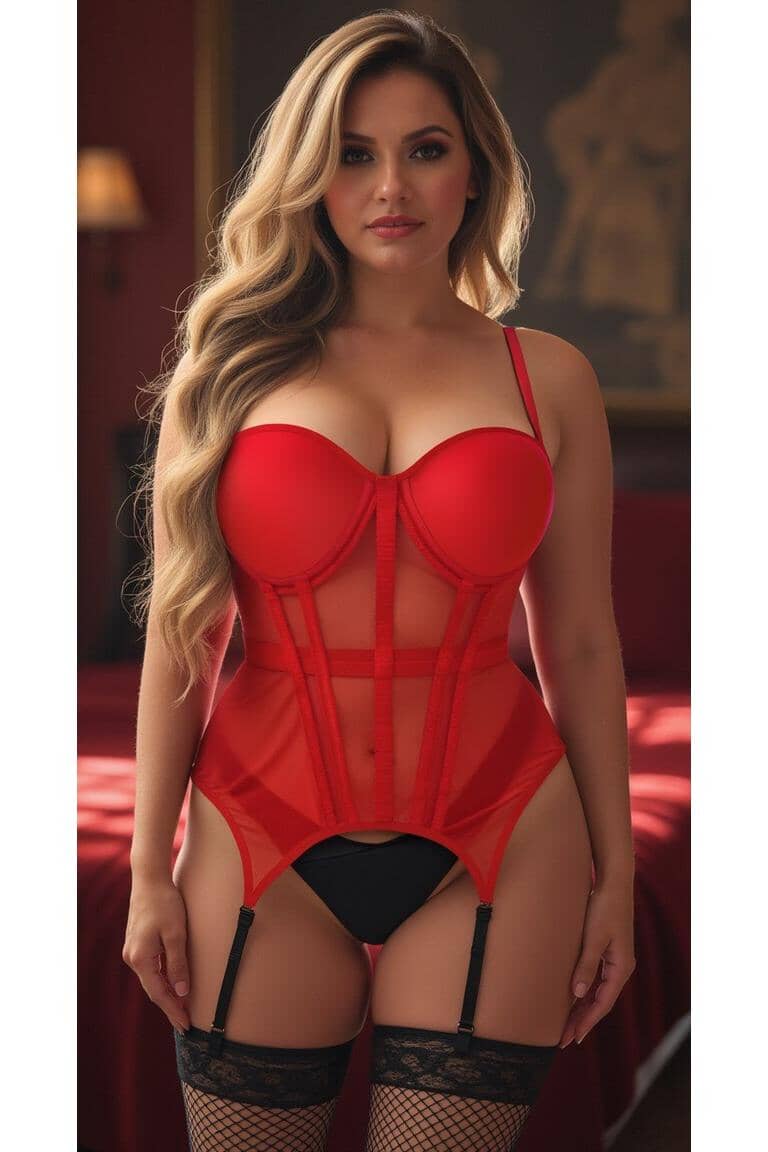 Daisy Corsets Lavish Red Mesh Underwire Bustier Corset w/Garters in Red 
