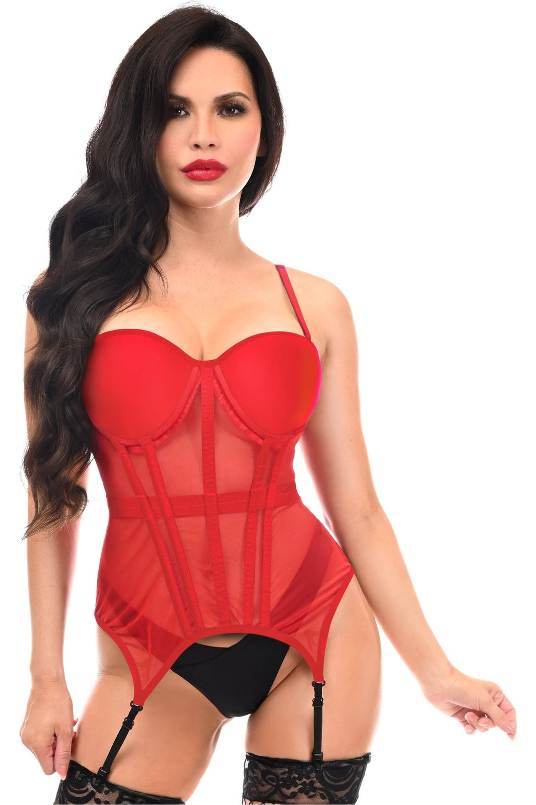 Daisy Corsets Lavish Red Mesh Underwire Bustier Corset w/Garters in Red 