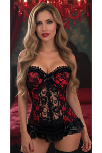 Daisy Corsets Lavish Red w/Black Lace & Lycra Hook & Eye Stretch Bustier Corset in Red  from SexyShoes.com