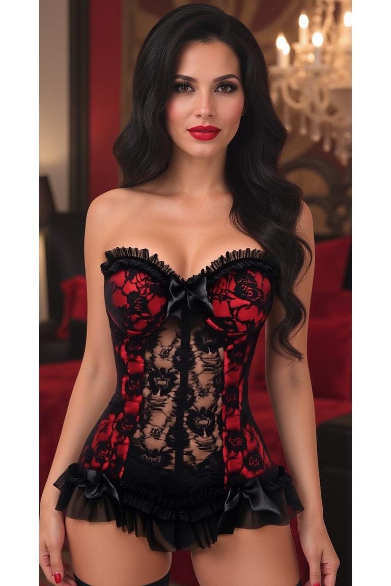 Daisy Corsets Lavish Red w/Black Lace & Lycra Hook & Eye Stretch Bustier Corset in Red 