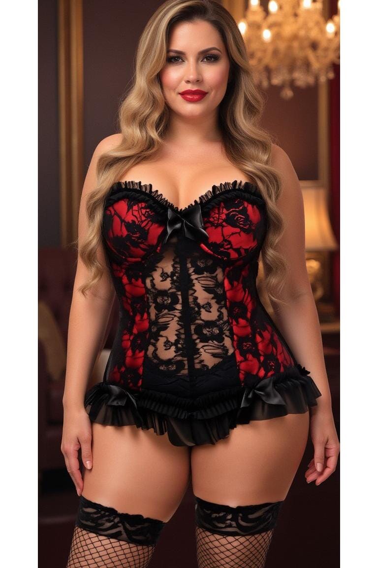 Daisy Corsets Lavish Red w/Black Lace & Lycra Hook & Eye Stretch Bustier Corset in Red 