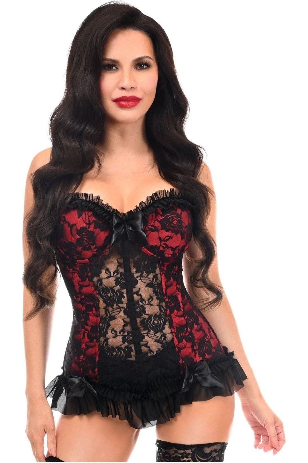 Daisy Corsets Lavish Red w/Black Lace & Lycra Hook & Eye Stretch Bustier Corset in Red 