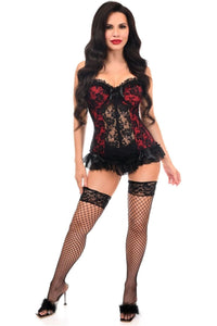 Daisy Corsets Lavish Red w/Black Lace & Lycra Hook & Eye Stretch Bustier Corset in Red 
