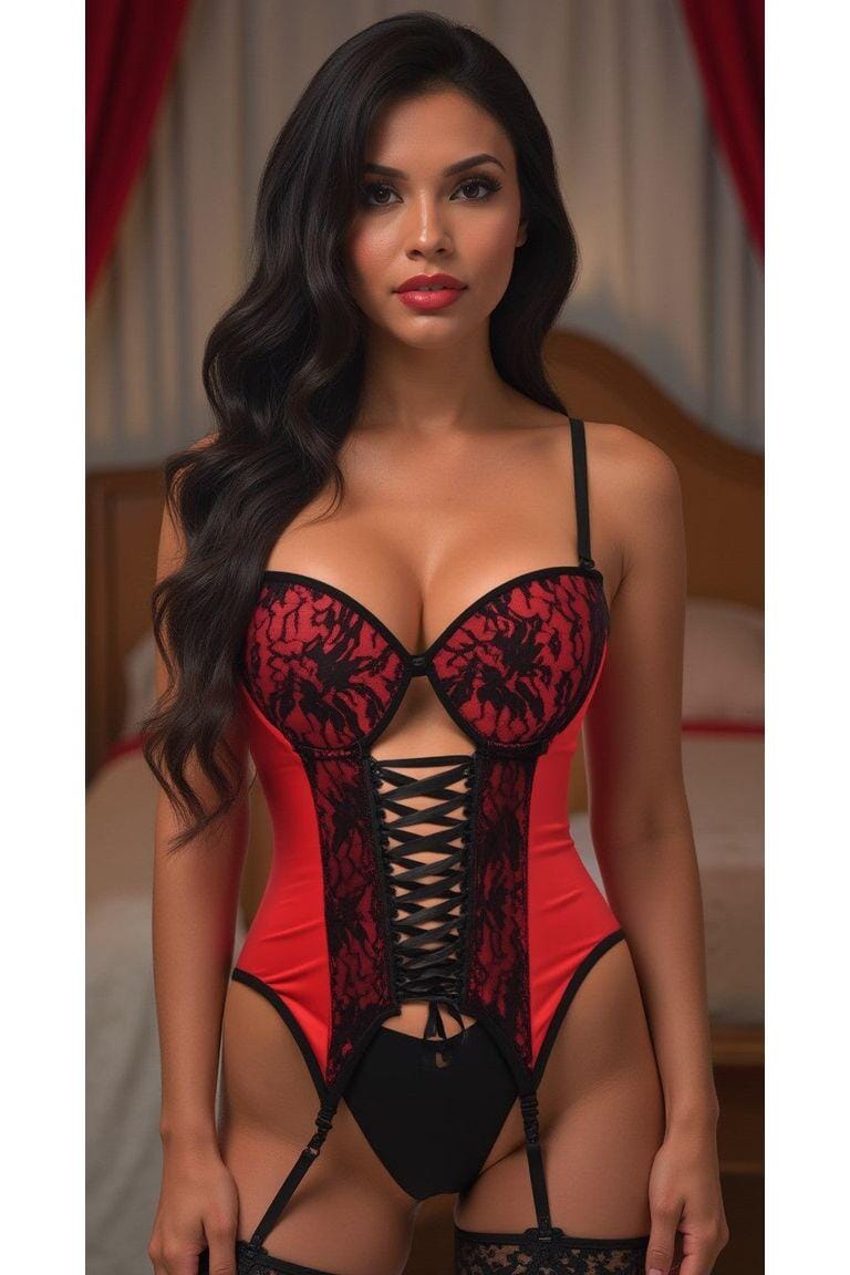 Daisy Corsets Lavish Red/Black Lycra & Lace Hook & Eye Lace Up Bustier Corset w/Garters in Red 