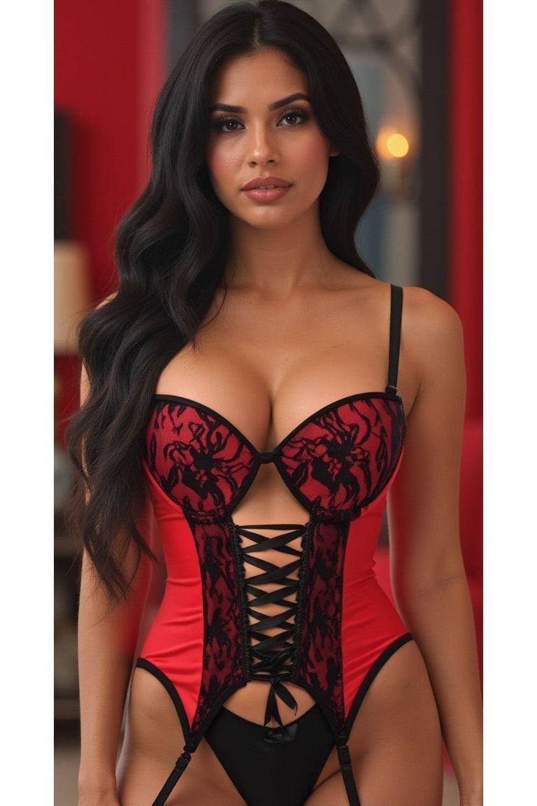 Daisy Corsets Lavish Red/Black Lycra & Lace Hook & Eye Lace Up Bustier Corset w/Garters in Red 