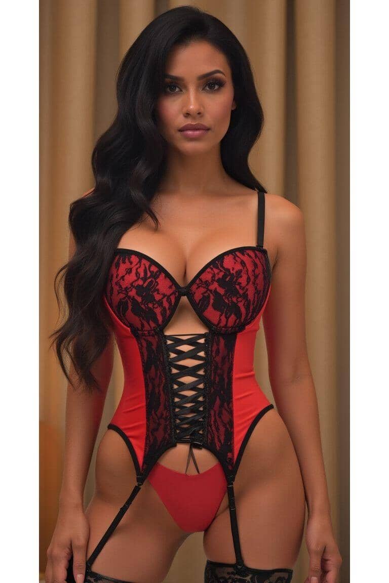 Daisy Corsets Lavish Red/Black Lycra & Lace Hook & Eye Lace Up Bustier Corset w/Garters in Red 