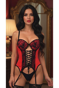 Daisy Corsets Lavish Red/Black Lycra & Lace Hook & Eye Lace Up Bustier Corset w/Garters in Red 