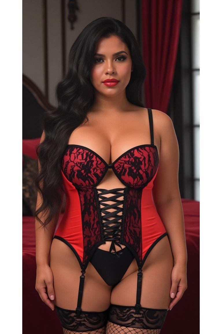 Daisy Corsets Lavish Red/Black Lycra & Lace Hook & Eye Lace Up Bustier Corset w/Garters in Red 