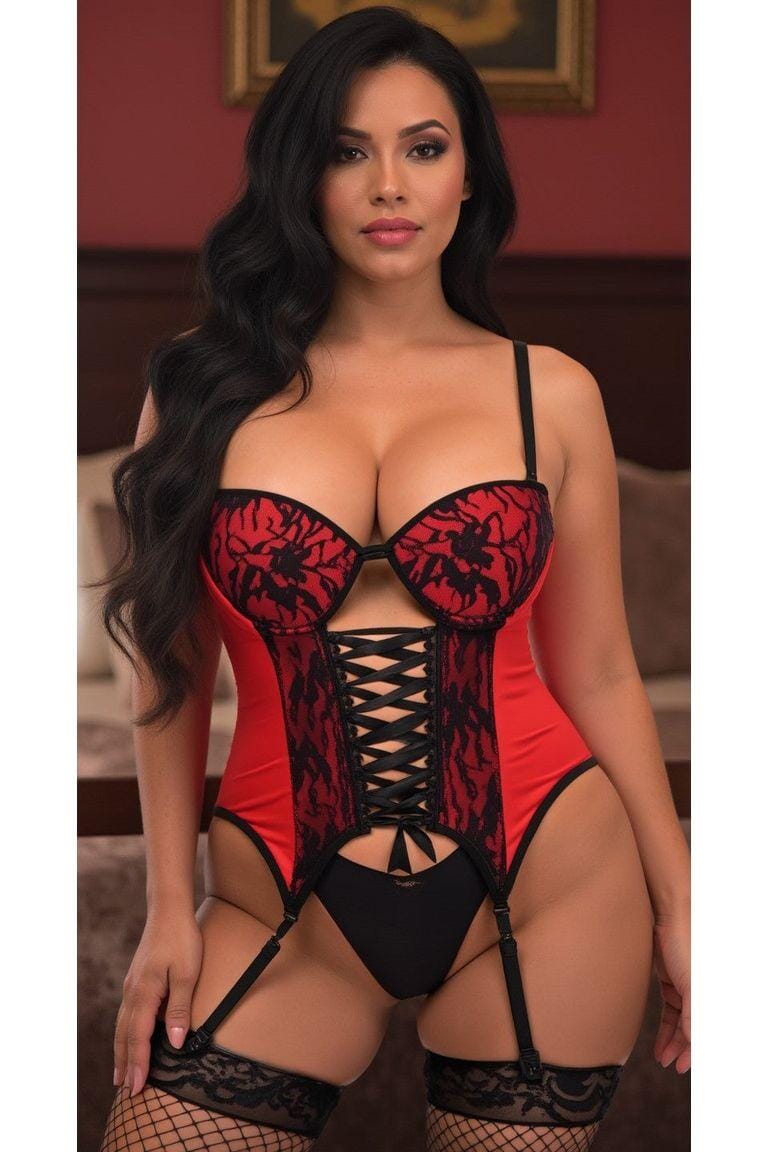 Daisy Corsets Lavish Red/Black Lycra & Lace Hook & Eye Lace Up Bustier Corset w/Garters in Red 