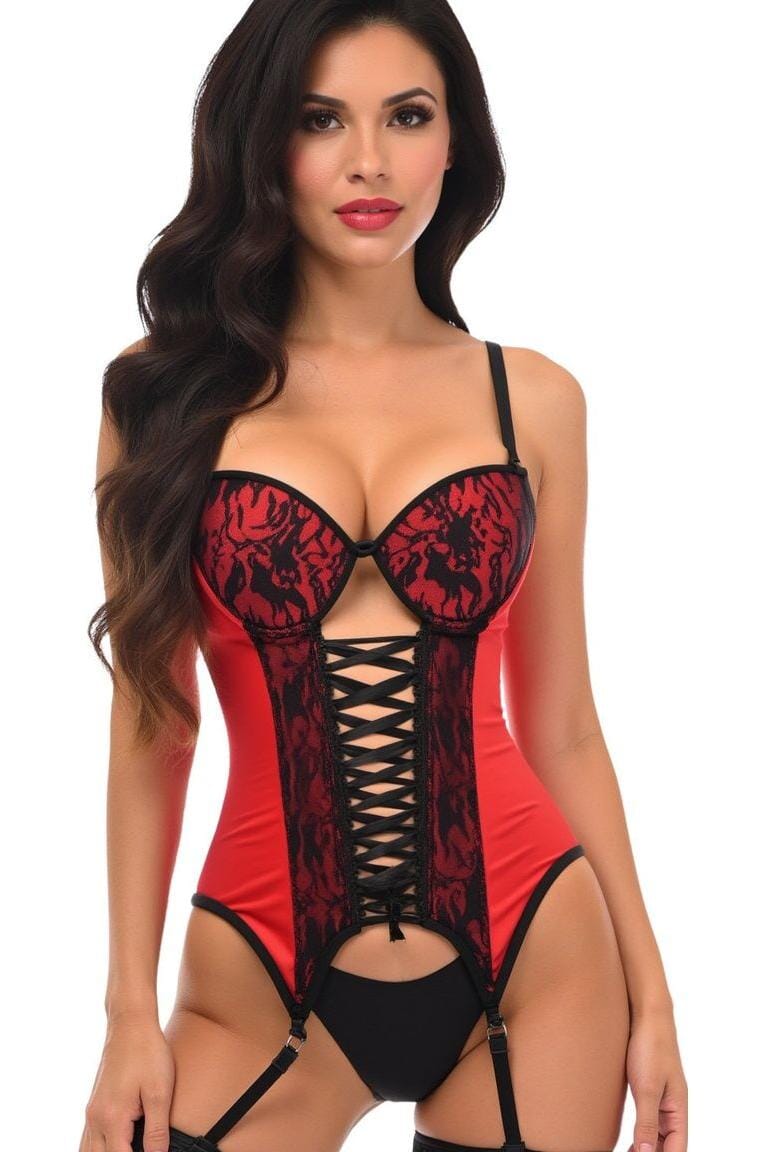Daisy Corsets Lavish Red/Black Lycra & Lace Hook & Eye Lace Up Bustier Corset w/Garters in Red 