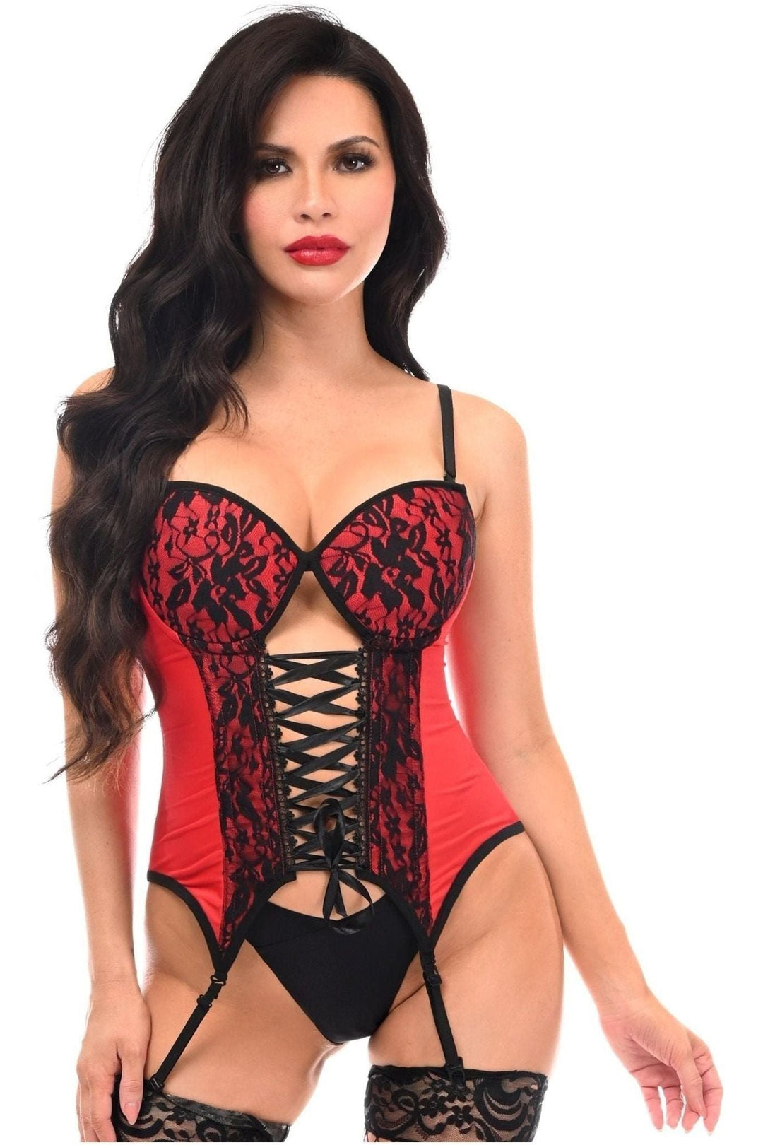 Daisy Corsets Lavish Red/Black Lycra & Lace Hook & Eye Lace Up Bustier Corset w/Garters in Red 