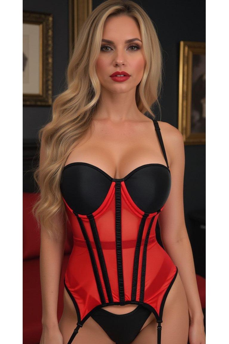 Daisy Corsets Lavish Red/Black Mesh Underwire Bustier Corset w/Garters in Red 